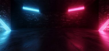 Vitrin Neon Kulübü Retro Tuğla Duvarlar Beton Grunge Yeraltı Kulübü Kara Siber Mor Lşıklar Araba Otoparkı Koridoru 3D Görüntü