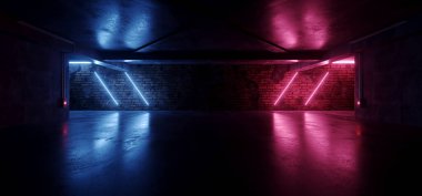 Neon Parlayan Bilim Kurgu Geleceği Mor Mor Mor Retro Siber Stil Gerçekçi Garaj Hangarı Lazer Elektrik Kirişleri Beton Parlak Tuğla Duvarlar Kulübü 3D Resim Çizimi