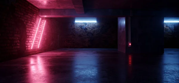 Showcase Neon Club Retro Brick Walls Concrete Grunge Underground Club Dark Cyber Purple Blue Lights Hangar Car Parking Room Tunnel Corridor Hallway 3D Rendering illustration