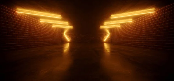 Neon Orange Laser Lights Brick Retro Sci Fi Futuristic Dark Realistic Underground Tunnel Grunge Concrete Corridor Hangar Garage 3D Rendering illustration