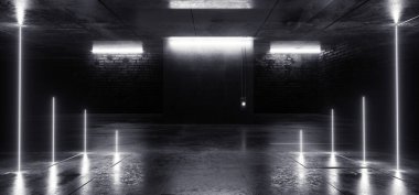 Vitrin Neon Kulübü Retro Tuğla Duvarlı Grunge Yeraltı Kulübü Karanlık Siber Işıklar Araba Otoparkı Koridoru Koridoru 3D Görüntü Görüntüleme