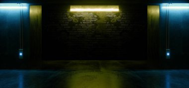 Vitrin Neon Kulübü Retro Tuğla Duvarlar Beton Grunge Yeraltı Kulübü Koyu Yeşil Mavi Işıklar Hangar Araba Otoparkı Koridor Koridoru 3D Görüntü Görüntüleme