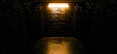 Karanlık Boş Neon Parlayan Sarı Grunge Yeraltı Beton Stüdyosu Showroom Koridoru Koridoru Gerçekçi Otomobil Garajı Hangar Gecesi