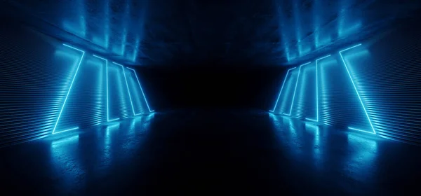 Neon Glowing Blue Laser Sci Fi Futuristic Hangar Warehouse Dark Concrete Alien Tunnel Hallway Corridor Striped Metal Floor Glossy Realistic Background 3D Rendering illustration