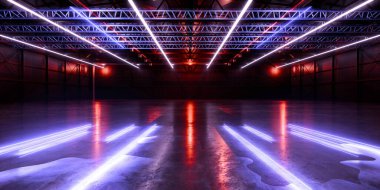 Siber Fütürist Yeraltı Bodrum Merkezi Bilim Kurgu Lazer Neon Parlayan Görünmez Grunge Depo Dystopian 3D Çizim