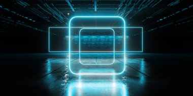 Siber Fütürist Yeraltı Bodrum Merkezi Bilim Kurgu Lazer Neon Parlayan Görünmez Grunge Depo Dystopian 3D Çizim