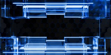 Şeffaf camdan ve sıvı akrilik yeşil menekşe mavisi parlaklıktan oluşan siber elementler siyah arka planda sinematik teknoloji arka plan tasarımı kapak sanat müziği görselleri 3D resimleme