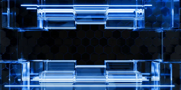 Şeffaf camdan ve sıvı akrilik yeşil menekşe mavisi parlaklıktan oluşan siber elementler siyah arka planda sinematik teknoloji arka plan tasarımı kapak sanat müziği görselleri 3D resimleme