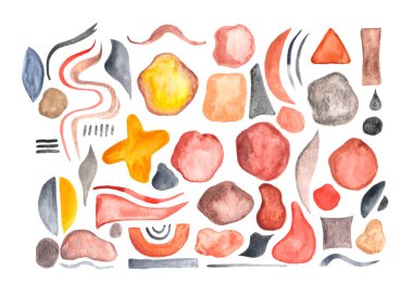 Bir dizi suluboya geometrik şekiller ve fırça darbeleri. El boyaması tasarım elementleri.