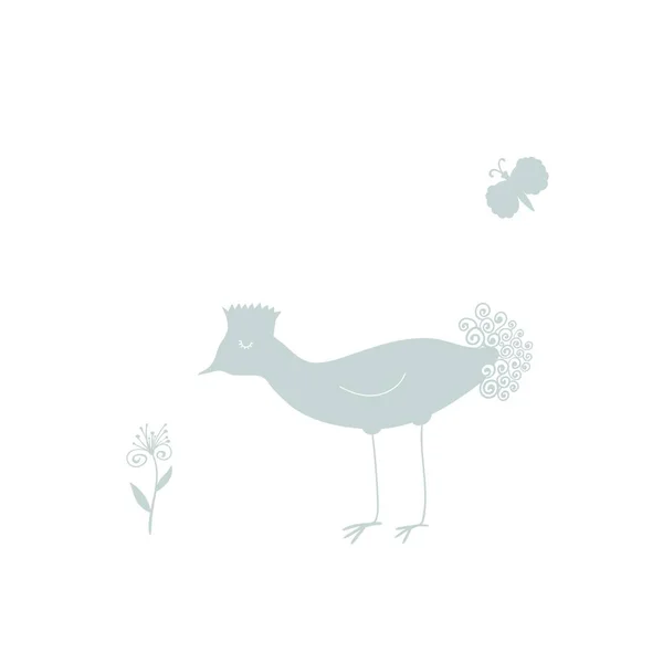 Illustrazione Carino Uccello Stile Cartone Animato Fiore Farfalla — Vettoriale Stock