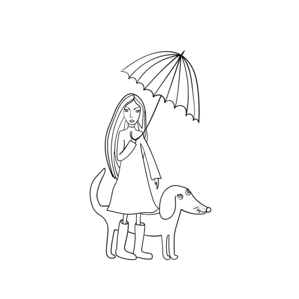 Funny Dog Young Girl Umbrella Vector Illustration Coloring Book Page — Stock Vector