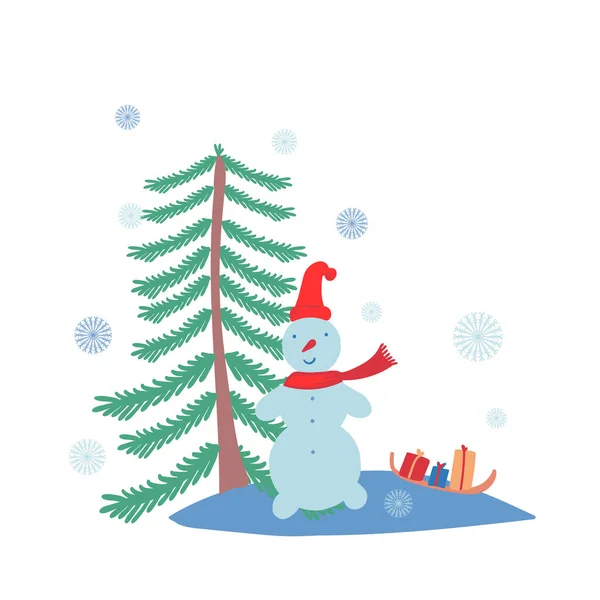Pupazzo Neve Sciarpa Rossa Abete Regali Natale Sulla Slitta Illustrazione — Vettoriale Stock
