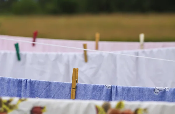 Washed Colorful Cotton Bed Sheets Hanging Clothesline Outdoors — Stock Photo, Image