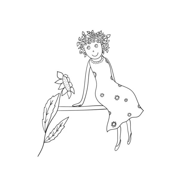 Illustration Vectorielle Fille Fée Avec Fleur Personnage Bande Dessinée Coloriage — Image vectorielle