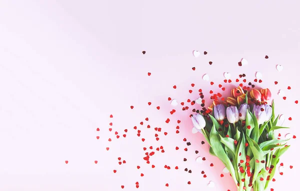 Bouquet Pink Tulips Decorative Heart Sprinkles Soft Pastel Light Background — Stock Photo, Image