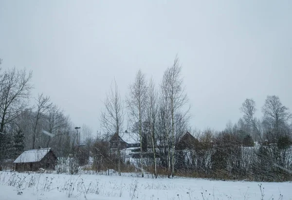 Vinterlandskap Med Hus Landet Och Smältande Snö — Stockfoto