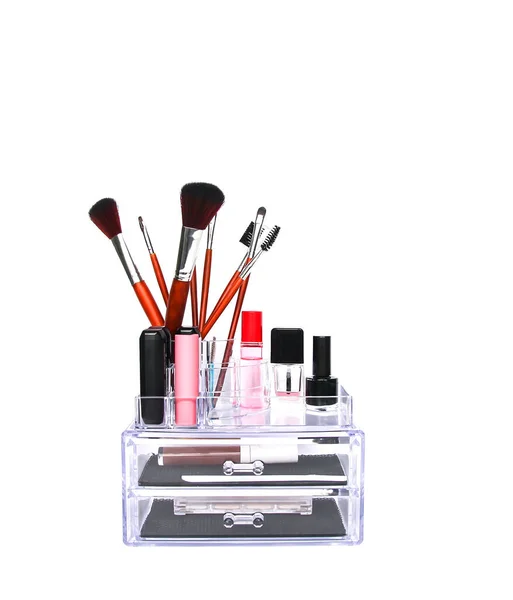 Organised Collection Makeup Brushes Lipsticks Other Tools Plastic Storage — Stock Photo, Image