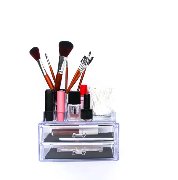 Organiseret Samling Makeupbørster Læbestifter Andet Værktøj Til Opbevaring Plast - Stock-foto
