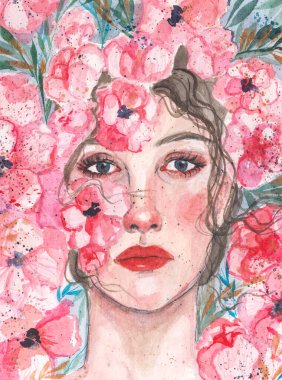 Güzel bir genç kızın suluboya portresi. El boyaması illüstrasyon. Duygusal yüz..