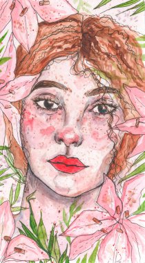 Güzel bir genç kızın suluboya portresi. El boyaması illüstrasyon. Duygusal yüz..