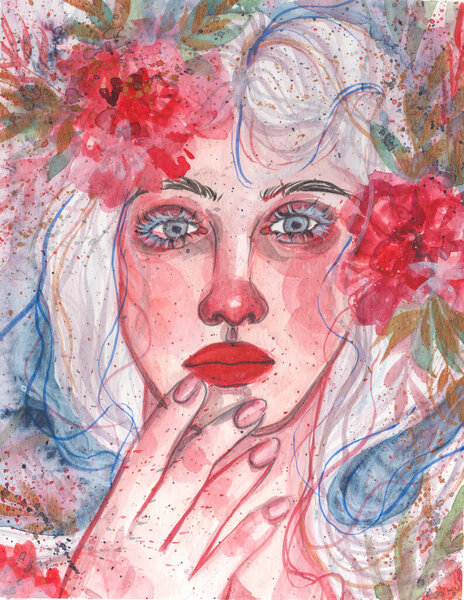 Watercolor portrait of beautiful young girl. Hand painted illustration. Emotional face.