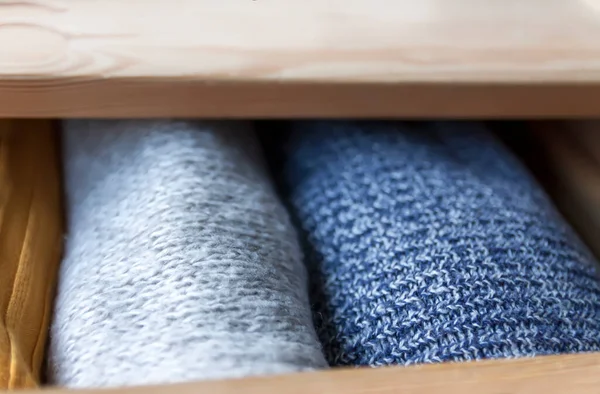 Open Wooden Dresser Drawer Warm Knitted Woolen Clothes Home Vertical — Stock Photo, Image
