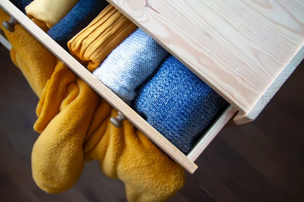 Open Wooden Dresser Drawer Warm Knitted Woolen Clothes Home Vertical — Stock Photo, Image