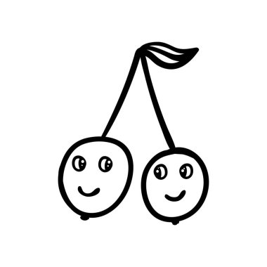 Gözleri ve gülüşü olan komik kirazlar. Çizgi film tarzında vektör illüstrasyonu. Kiraz ikizleri. Renklendirme kitabı ögesi.