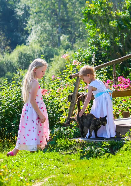 Little Girls Cat Garden — Fotografia de Stock