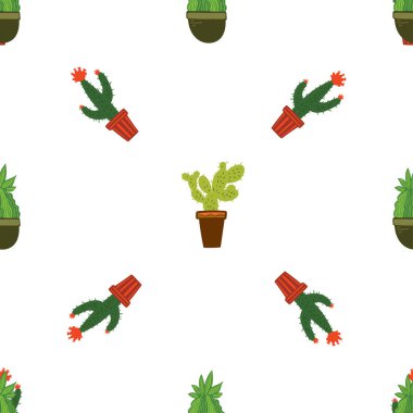 Kusursuz vektör arkaplanı. Çiçek saksılarında yeşil kaktüs ev bitkileriyle dekoratif desenler. Botanik doku. Bitkisel öğeler.