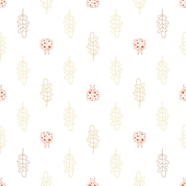 Kusursuz vektör arkaplanı. Uğur böcekleri ve meşe yapraklarıyla dekoratif desen.