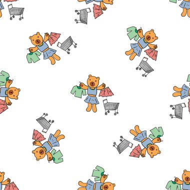 Alışveriş sepeti ve kıyafetleri olan sevimli ayıların kusursuz desenleri. Soyut renkli hayvan arkaplanı. Modern doku. Çağdaş grafik tasarımı.