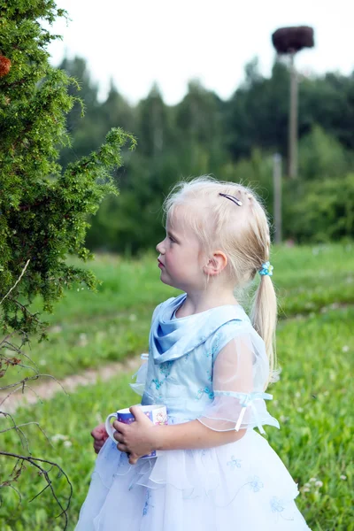 Маленькая девочка возле можжевельника — стоковое фото