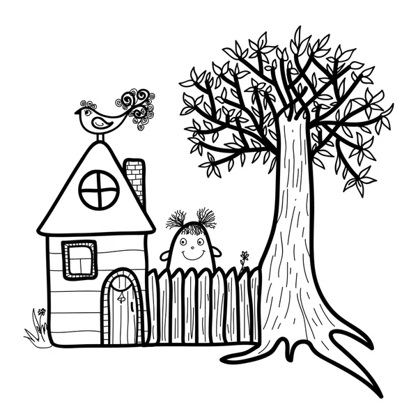 Cartoon-Haus, Mädchen und Baum — Stockvektor