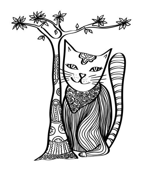 Cartone animato artistico gatto con albero — Vettoriale Stock