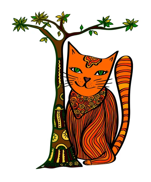 Desenho animado gato artístico com árvore — Vetor de Stock