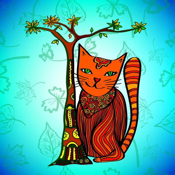 Dessin animé chat artistique avec arbre — Image vectorielle