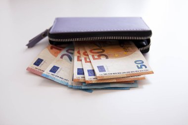 Mor bir cüzdanda birkaç avro banknot vardır. Zenginlik ve pratik zarafet.
