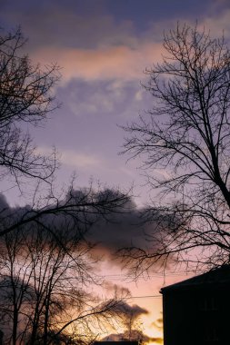 Şehrin ufuk çizgisinde alacakaranlık renkleri ışıldıyor. Sakinlik ve kentsel atmosfer.