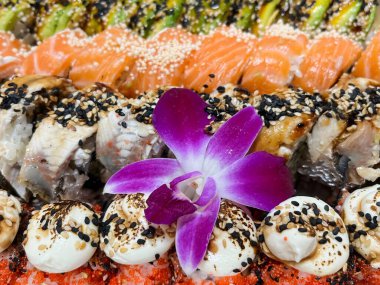 Susam tohumları, tobiko ve kremalı sosla kaplı çeşitli suşi dürümleri. Yenebilir mor orkide ile ortalanmış..