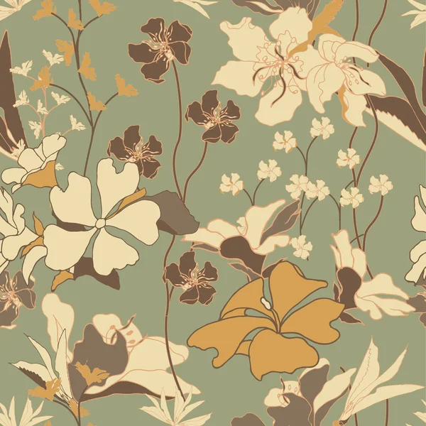 Jardim Floral Sem Costura Padrão Cores Amarelas Textura Vintage Vetorial — Vetor de Stock