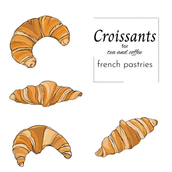 Conjunto Croissants Desenhados Mão Sobre Fundo Branco Francês Pastelaria Ilustração —  Vetores de Stock