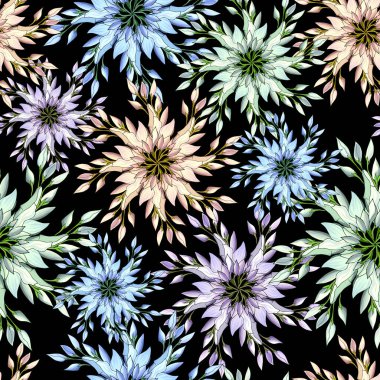 Parlak kar tanelerinden, havai fişeklerden Noel arkaplanı. Tatil dekorasyonu için pürüzsüz çokrenkli desen.