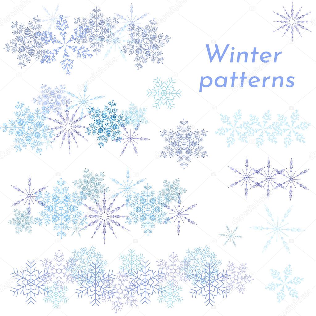 Set of Christmas snowflakes on a white background. Vector Christmas pattern, decorative brushes.