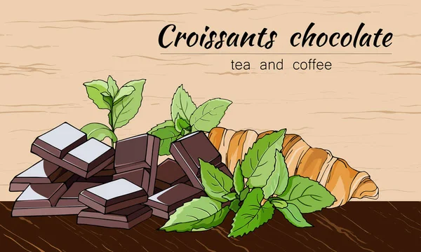 チョコレートとクロワッサン 手描きのお菓子やペストリーセット ベクターイラスト デザインのバナー — ストックベクタ