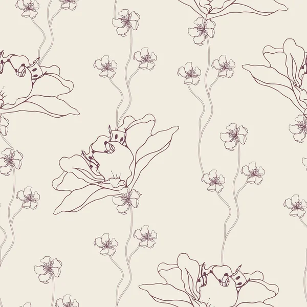 ベージュ地に輪郭ユリを持つモノクロームの花模様 シームレスなモノクロテキスタイルベクトル Print — ストックベクタ