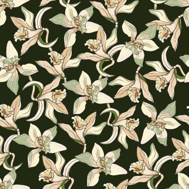 Siyah arka planda sarı vanilyalı çiçeklerin ve zambakların tropikal desensiz deseni. Vektör el çizilmiş çiçekler.