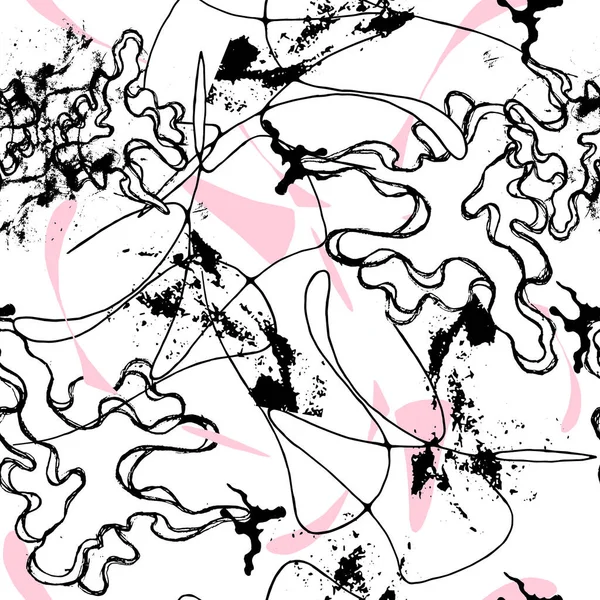 Abstract Seamless Pattern Ink Lines Blots Graffiti Made Pink Black Stock Illustration