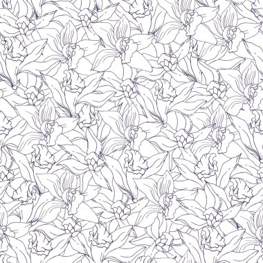 Tropik siyah beyaz desenli vanilya çiçekleri. Kumaş, kağıt ve tasarımınız için tropikal çiçeklerin vektör çizimi.