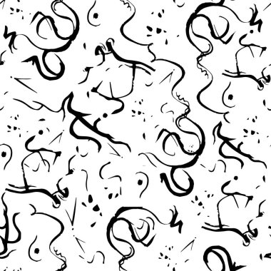 Black and white abstract seamless pattern with drawn lines. Vector doodles and blots on a white background.